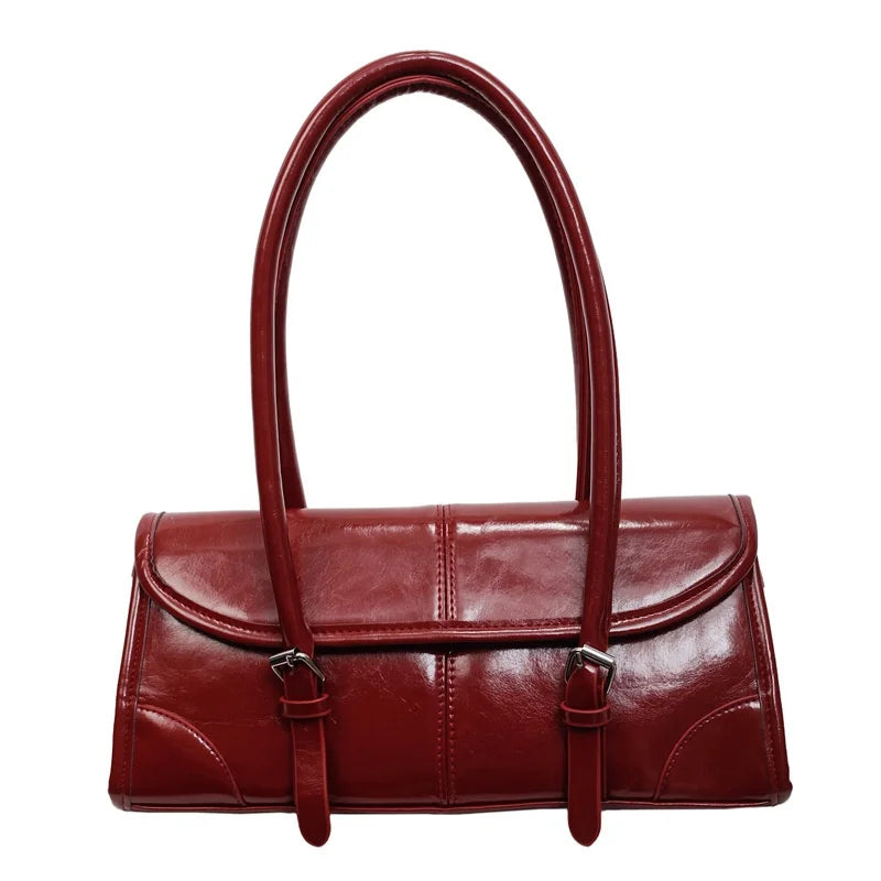 Burgundy Magnetic Buckle Leather Shoulder Bag