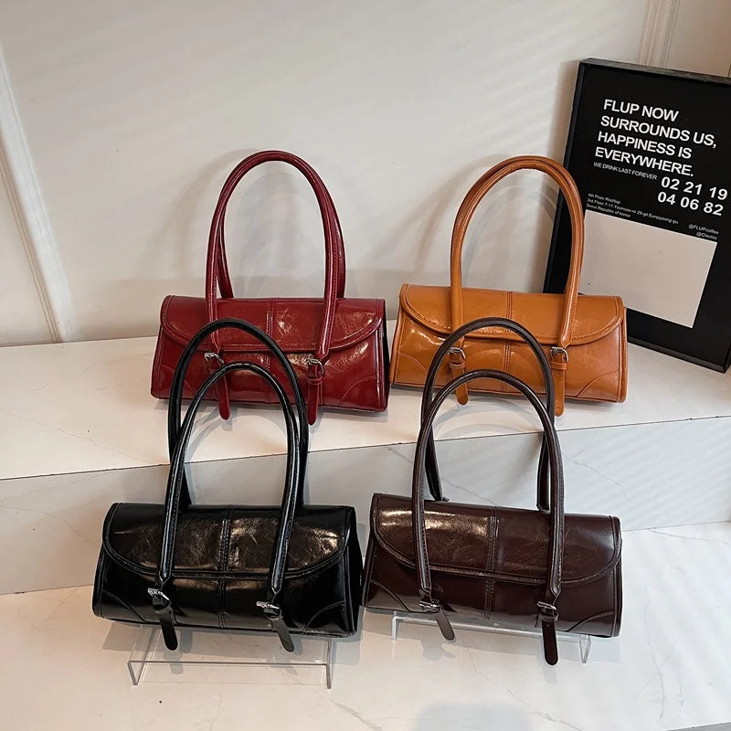 Burgundy Magnetic Buckle Leather Shoulder Bag