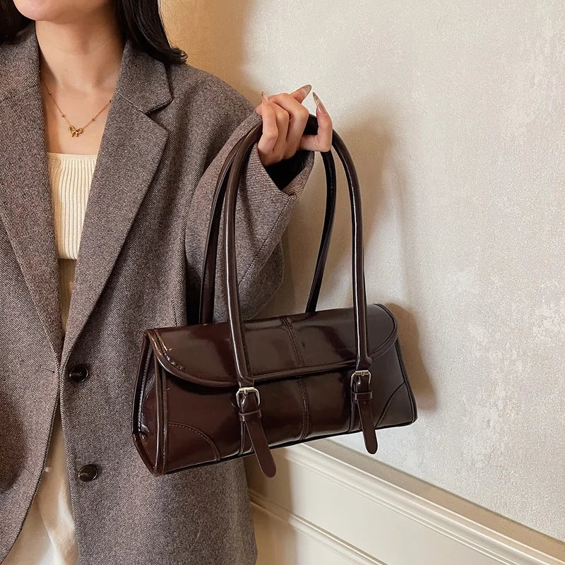 Burgundy Magnetic Buckle Leather Shoulder Bag